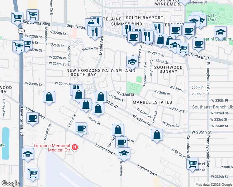map of restaurants, bars, coffee shops, grocery stores, and more near 2885 West 232nd Street in Torrance
