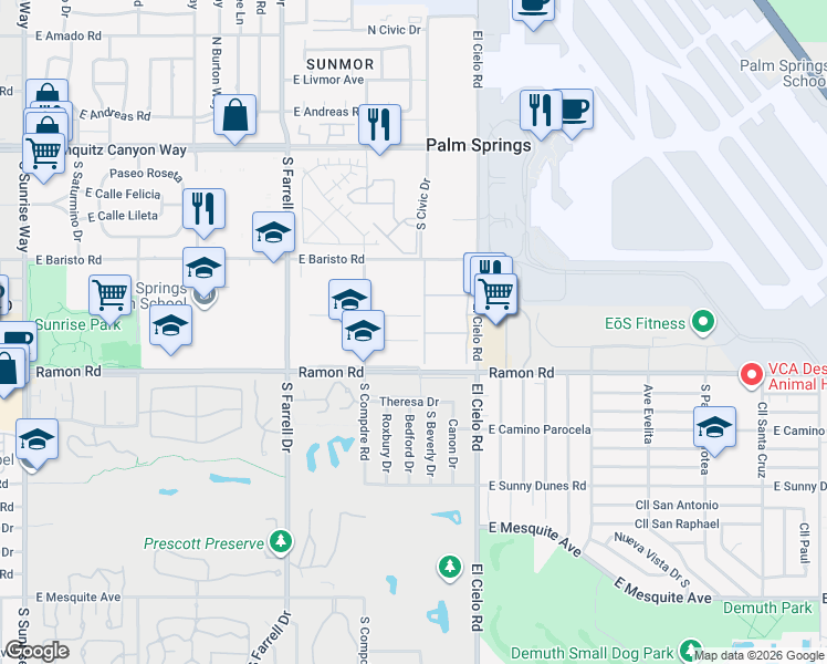 map of restaurants, bars, coffee shops, grocery stores, and more near 2999 East Via Vaquero Road in Palm Springs