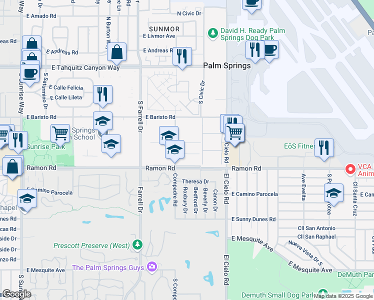 map of restaurants, bars, coffee shops, grocery stores, and more near 2939 East Via Vaquero Road in Palm Springs