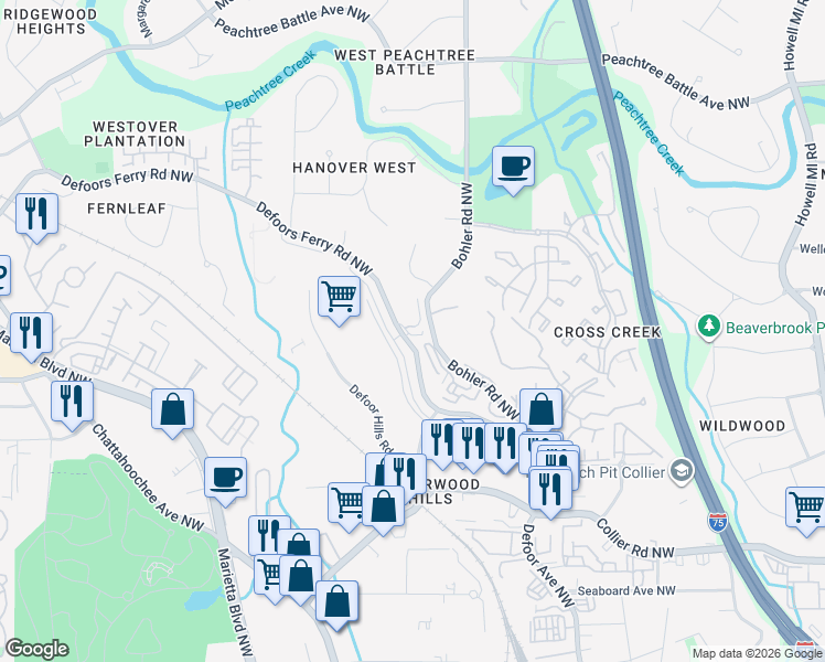 map of restaurants, bars, coffee shops, grocery stores, and more near 1200 Glendeven Court Northwest in Atlanta