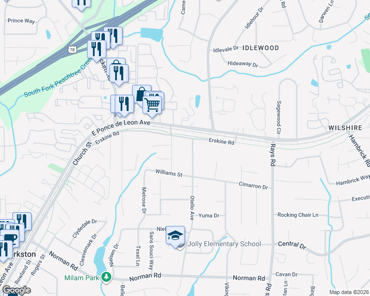 map of restaurants, bars, coffee shops, grocery stores, and more near 4417 Erskine Road in Clarkston
