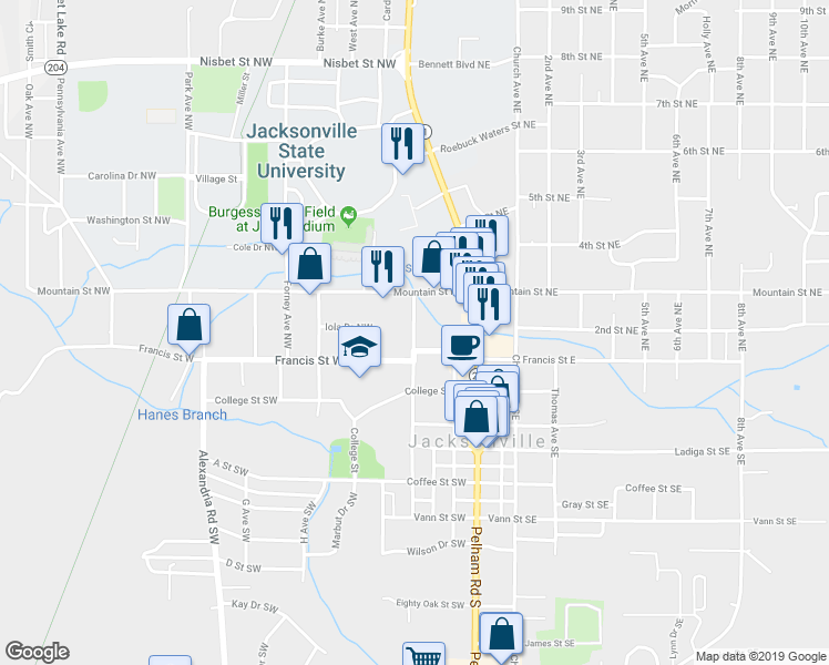 map of restaurants, bars, coffee shops, grocery stores, and more near 412 Spring Avenue Northwest in Jacksonville