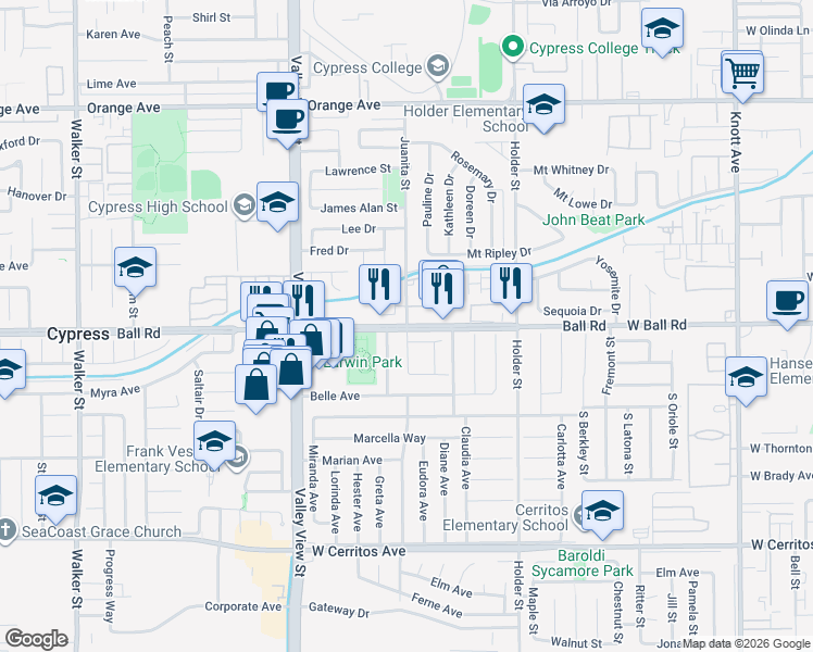 map of restaurants, bars, coffee shops, grocery stores, and more near Ball Rd & Juanita St in Cypress