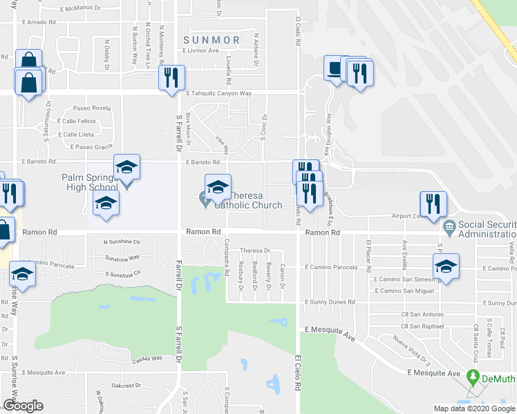 map of restaurants, bars, coffee shops, grocery stores, and more near 2999 East Via Vaquero Road in Palm Springs