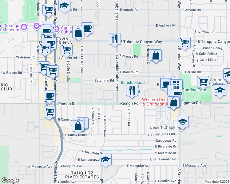 map of restaurants, bars, coffee shops, grocery stores, and more near 416 Village Square North in Palm Springs