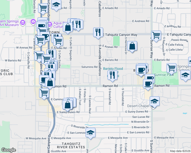map of restaurants, bars, coffee shops, grocery stores, and more near in Palm Springs