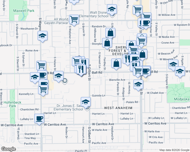 map of restaurants, bars, coffee shops, grocery stores, and more near 9586 West Ball Road in Anaheim