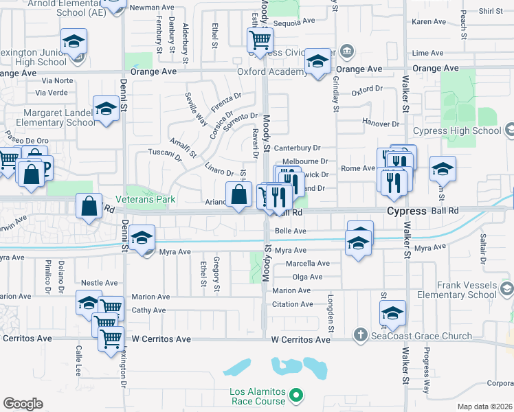 map of restaurants, bars, coffee shops, grocery stores, and more near in Cypress