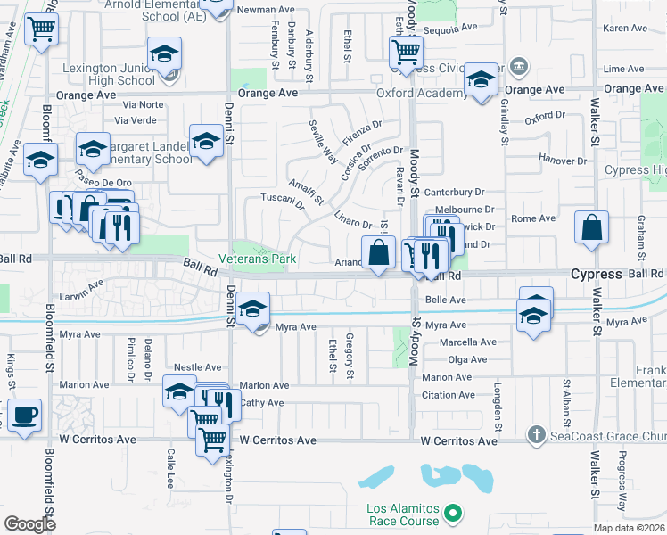 map of restaurants, bars, coffee shops, grocery stores, and more near 4741 Ariano Drive in Cypress