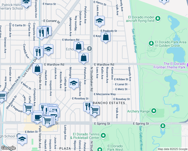 map of restaurants, bars, coffee shops, grocery stores, and more near 3350 Lees Avenue in Long Beach