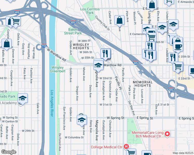 map of restaurants, bars, coffee shops, grocery stores, and more near 3319 Magnolia Avenue in Long Beach