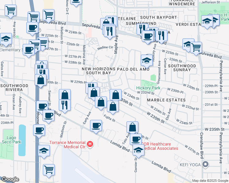 map of restaurants, bars, coffee shops, grocery stores, and more near 625 Maple Avenue in Torrance