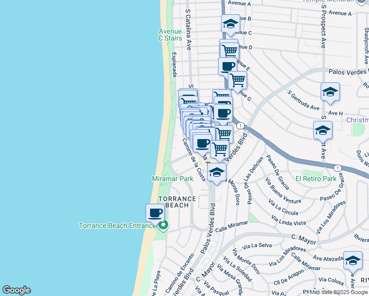 map of restaurants, bars, coffee shops, grocery stores, and more near 1721 Camino de la Costa in Redondo Beach