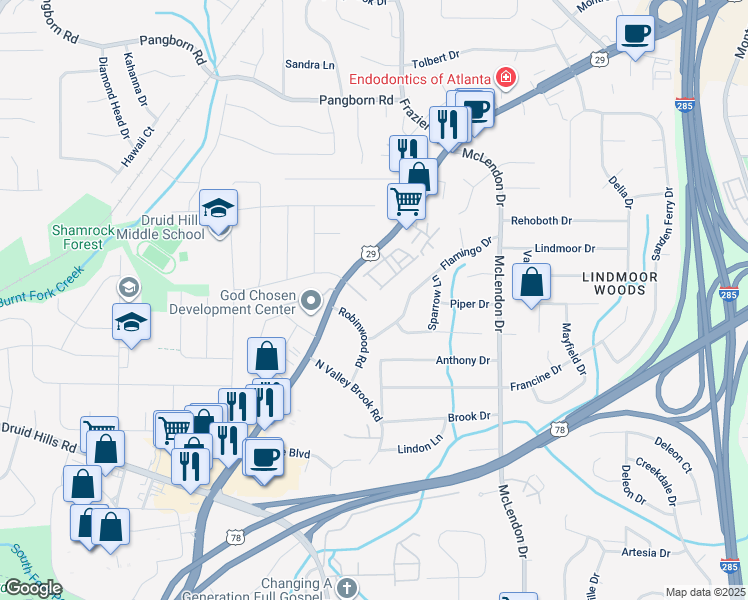 map of restaurants, bars, coffee shops, grocery stores, and more near 2993 Eltham Place in Decatur