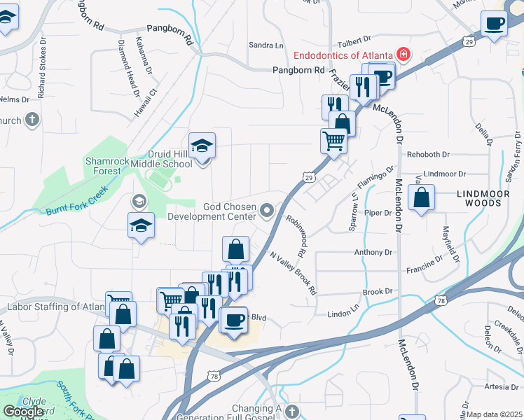 map of restaurants, bars, coffee shops, grocery stores, and more near 2400 Lawrenceville Highway in Decatur
