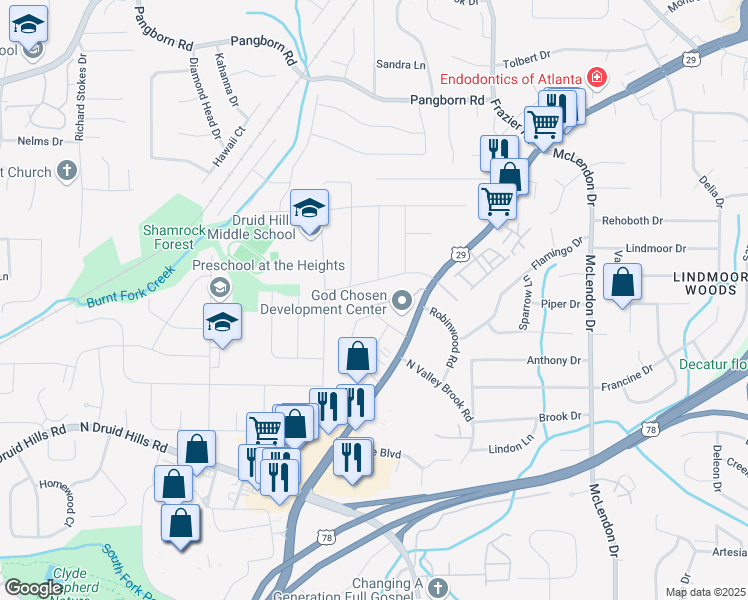map of restaurants, bars, coffee shops, grocery stores, and more near 2396 Lawrenceville Highway in Decatur