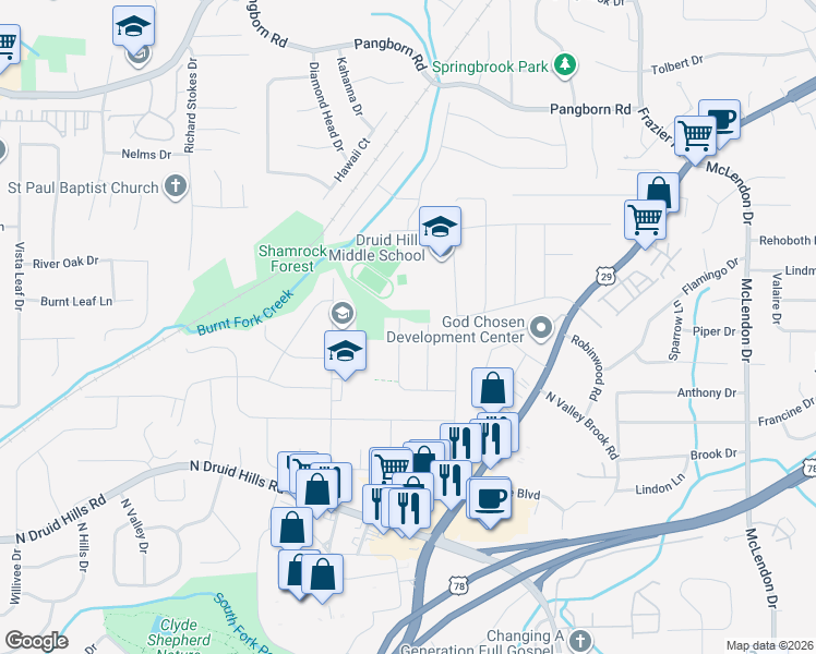 map of restaurants, bars, coffee shops, grocery stores, and more near 1275 Blueberry Trail in Decatur