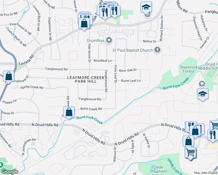 map of restaurants, bars, coffee shops, grocery stores, and more near 2469 Tanglewood Road in Decatur