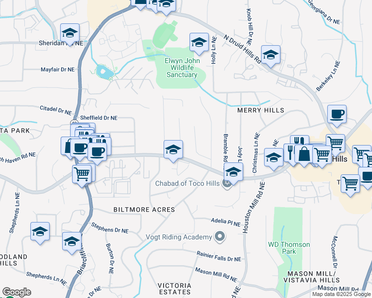 map of restaurants, bars, coffee shops, grocery stores, and more near 1293 Breezy Lane Northeast in Atlanta