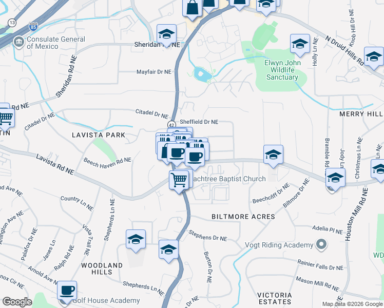 map of restaurants, bars, coffee shops, grocery stores, and more near 1291 Linden Court in Atlanta