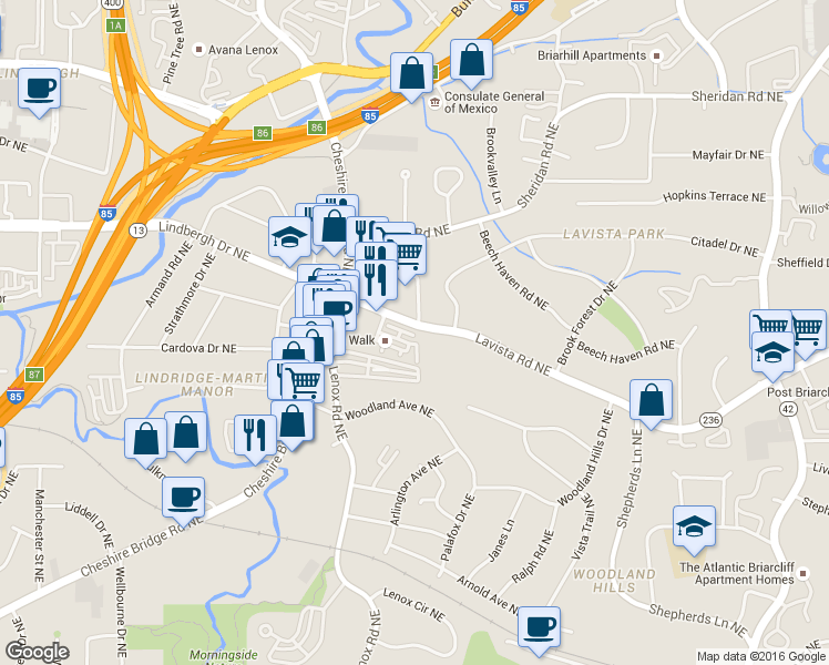 map of restaurants, bars, coffee shops, grocery stores, and more near 1225 Lavista Road Northeast in Atlanta