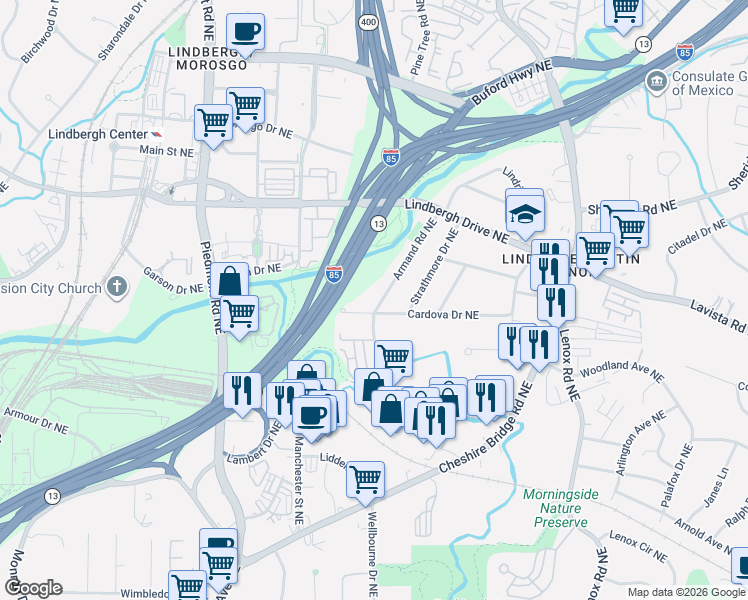 map of restaurants, bars, coffee shops, grocery stores, and more near 2286 Armand Road Northeast in Atlanta