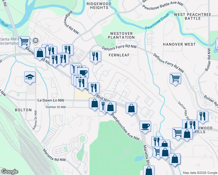 map of restaurants, bars, coffee shops, grocery stores, and more near 1040 Liberty Parkway Northwest in Atlanta