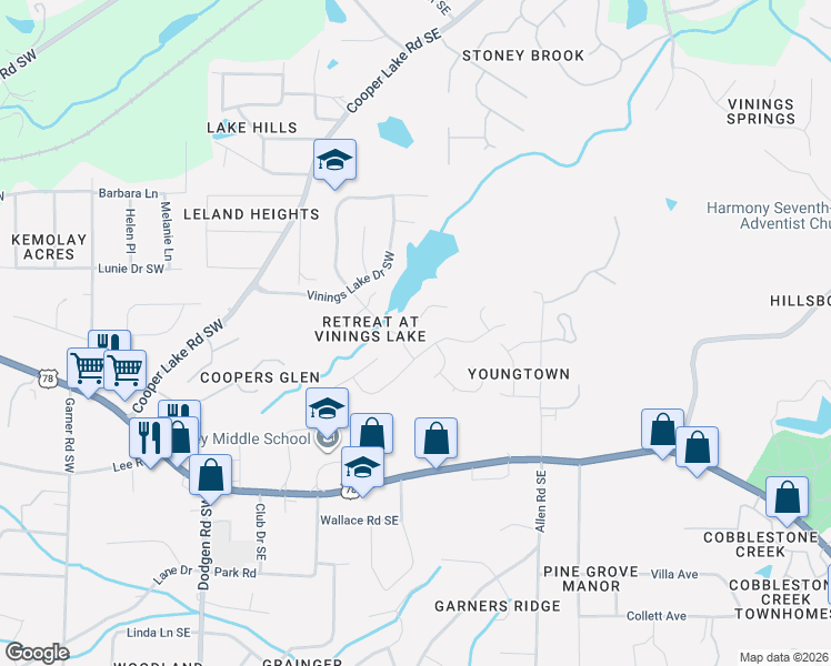 map of restaurants, bars, coffee shops, grocery stores, and more near 5402 Vinings Lake View Southwest in Mableton