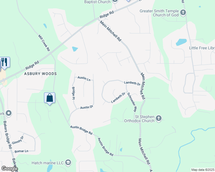 map of restaurants, bars, coffee shops, grocery stores, and more near 345 Lambeth Drive in Hiram