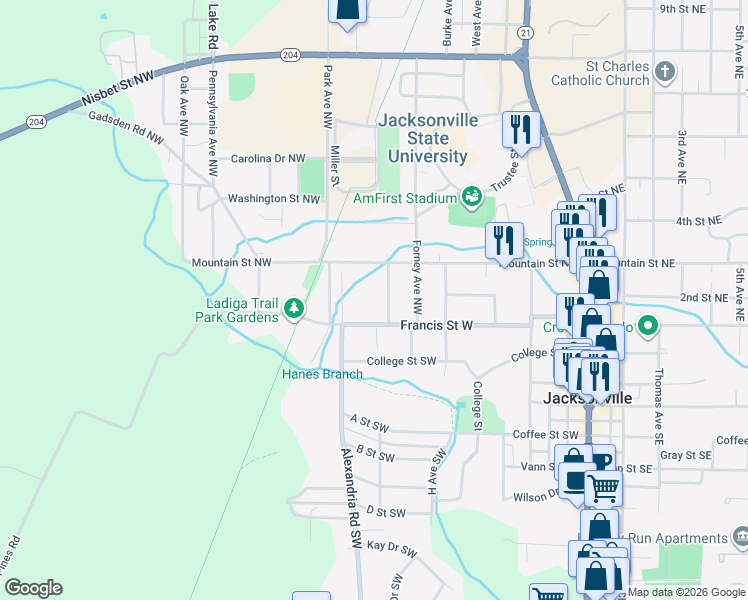 map of restaurants, bars, coffee shops, grocery stores, and more near 405 Madison Avenue Northwest in Jacksonville