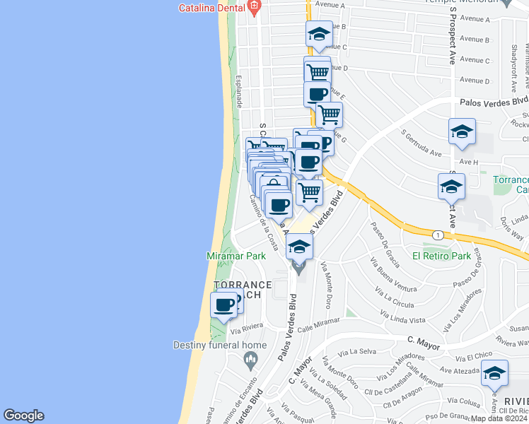 map of restaurants, bars, coffee shops, grocery stores, and more near 201 Vista Del Mar in Redondo Beach