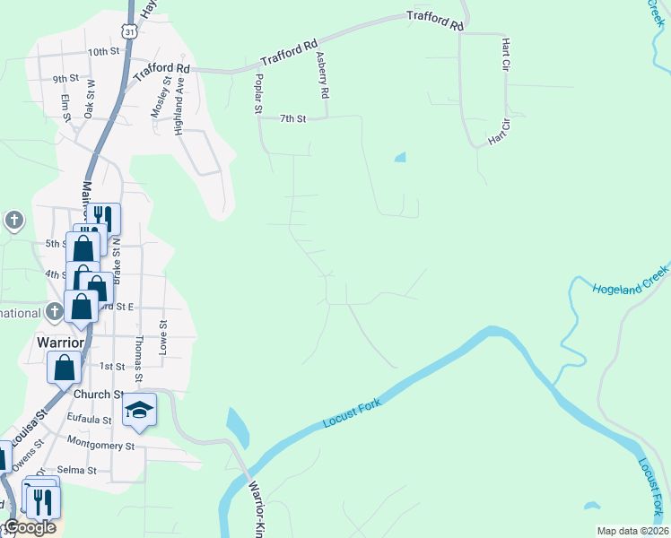 map of restaurants, bars, coffee shops, grocery stores, and more near 483 Poplar Street in Warrior