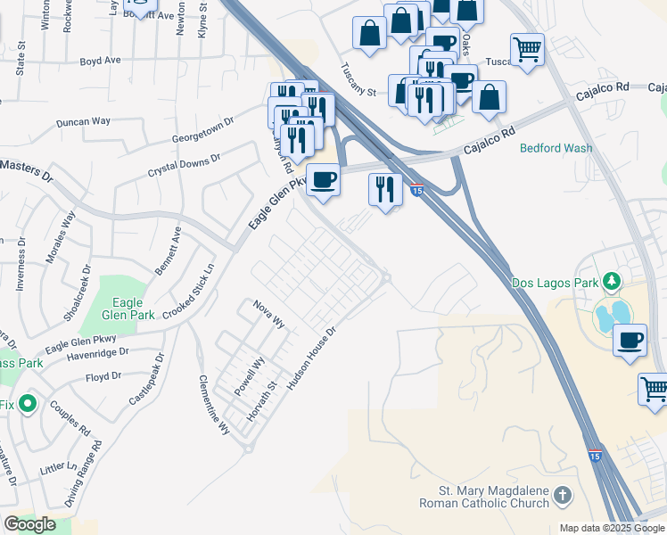map of restaurants, bars, coffee shops, grocery stores, and more near 3978 Lavine Way in Corona