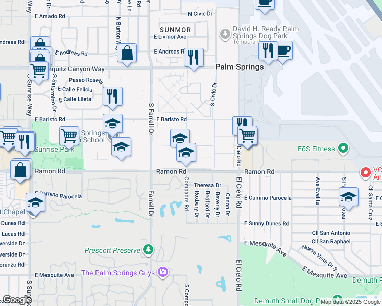 map of restaurants, bars, coffee shops, grocery stores, and more near 490 South Compadre Road in Palm Springs