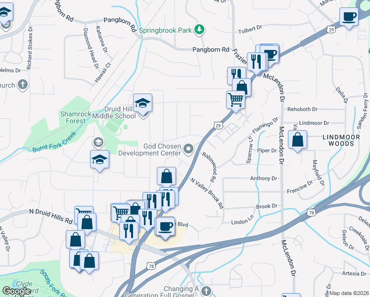 map of restaurants, bars, coffee shops, grocery stores, and more near 2400 Lawrenceville Highway in Decatur