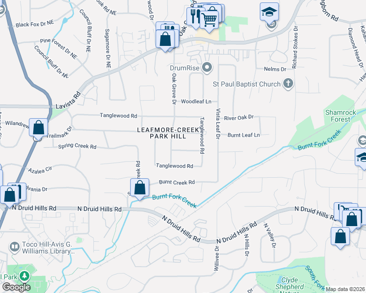 map of restaurants, bars, coffee shops, grocery stores, and more near 2370 Heather Drive in Decatur