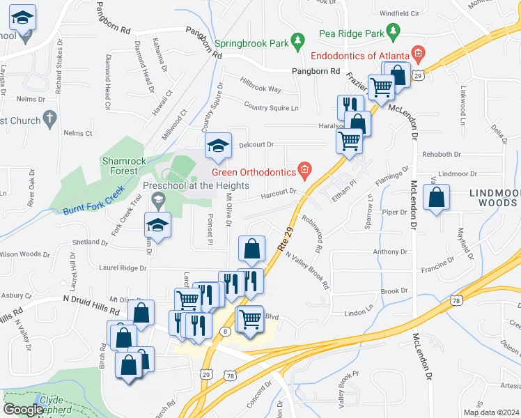 map of restaurants, bars, coffee shops, grocery stores, and more near 2396 Lawrenceville Highway in Decatur