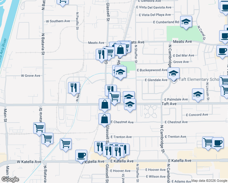 map of restaurants, bars, coffee shops, grocery stores, and more near 138 East Briardale Avenue in Orange