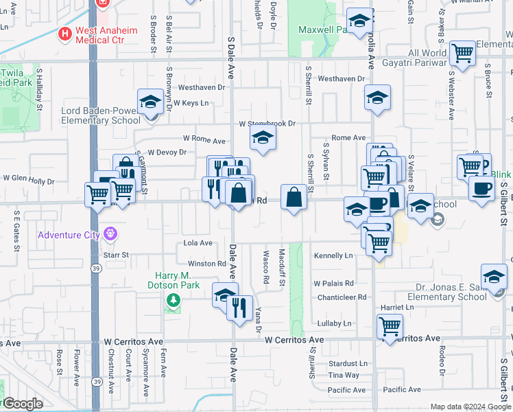 map of restaurants, bars, coffee shops, grocery stores, and more near 1203 Sharon Circle in Anaheim