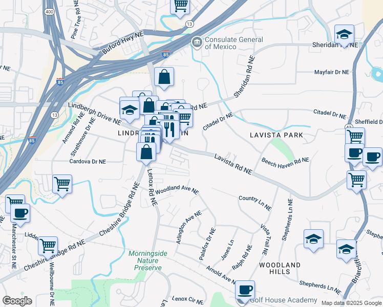 map of restaurants, bars, coffee shops, grocery stores, and more near 1272 Georgia 236 in Atlanta