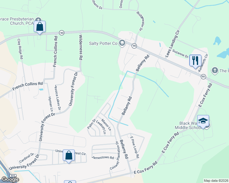 map of restaurants, bars, coffee shops, grocery stores, and more near 1030 Palm Drive in Conway