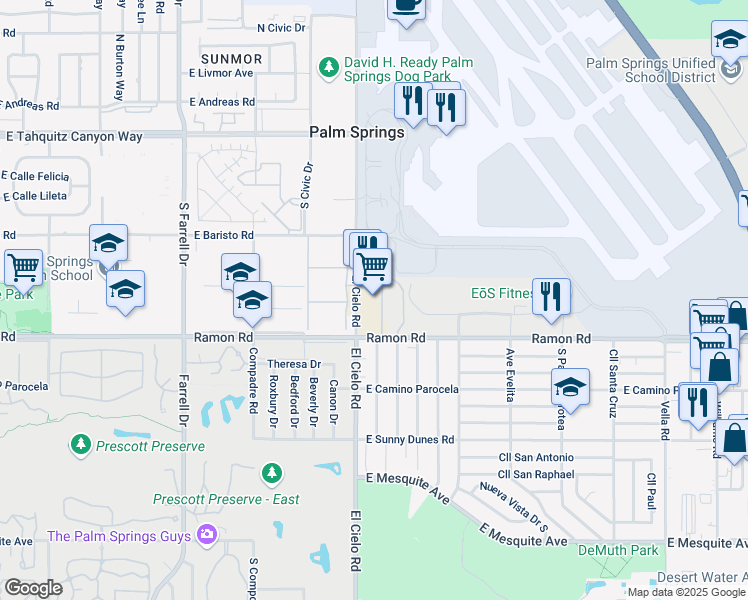 map of restaurants, bars, coffee shops, grocery stores, and more near 440 El Cielo Road in Palm Springs