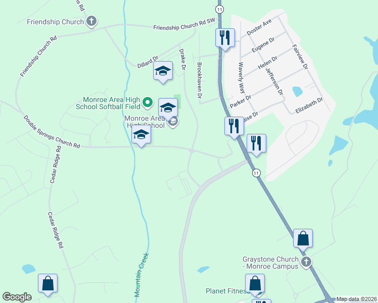 map of restaurants, bars, coffee shops, grocery stores, and more near 200 Double Springs Church Road in Monroe