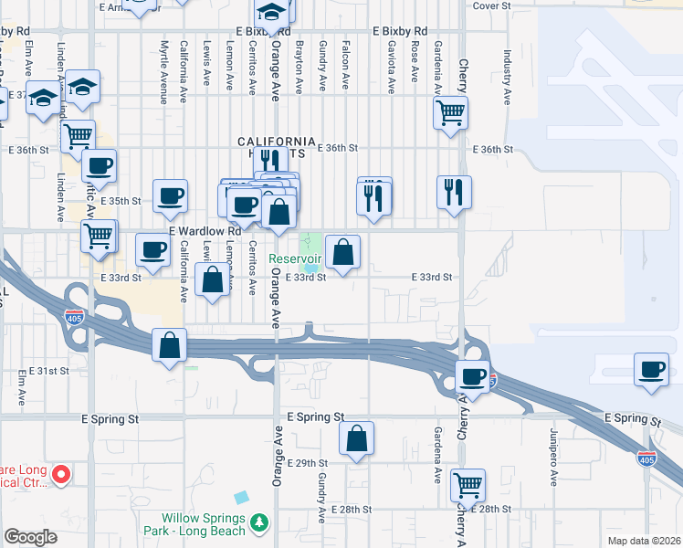 map of restaurants, bars, coffee shops, grocery stores, and more near 3301 Falcon Avenue in Signal Hill