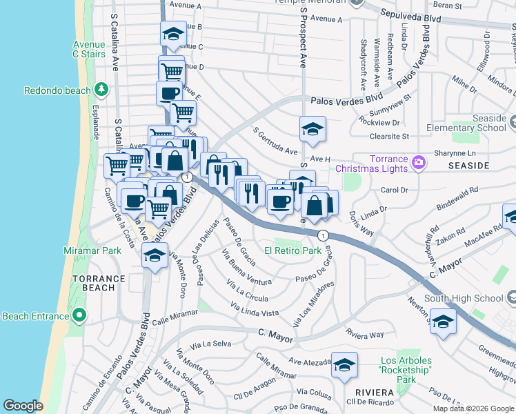 map of restaurants, bars, coffee shops, grocery stores, and more near 1800 South Pacific Coast Highway in Redondo Beach