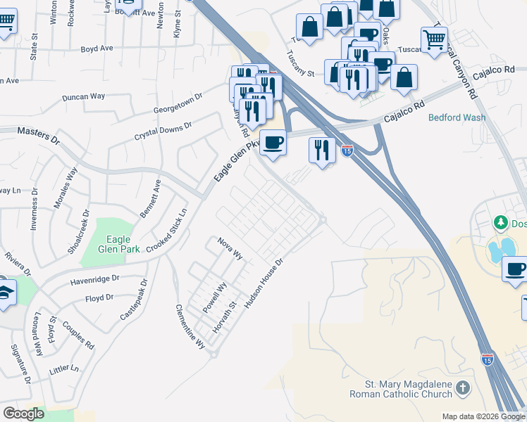 map of restaurants, bars, coffee shops, grocery stores, and more near Cajalco Rd in Corona