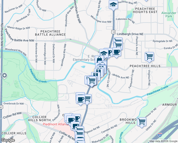 map of restaurants, bars, coffee shops, grocery stores, and more near 65 Peachtree Memorial Drive Northwest in Atlanta