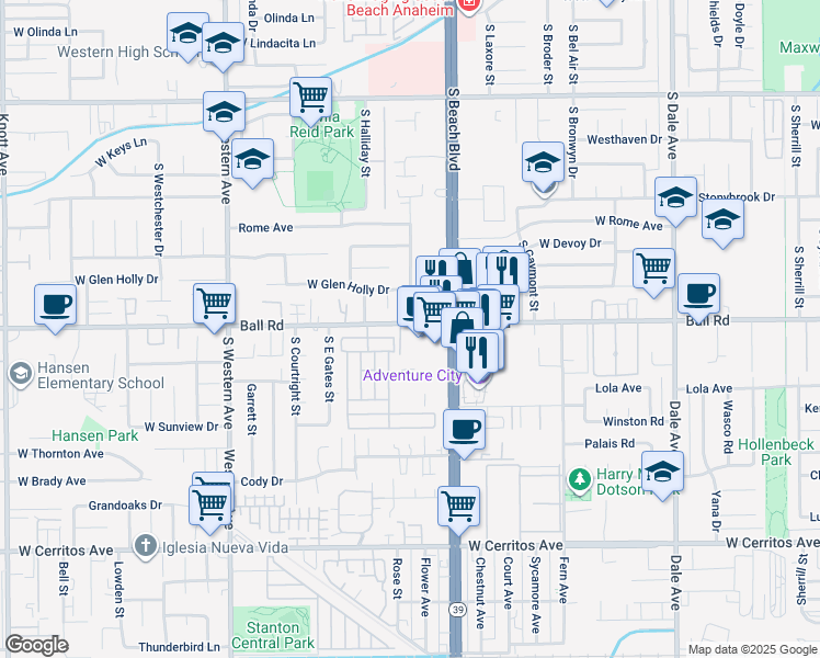 map of restaurants, bars, coffee shops, grocery stores, and more near 3030 West Ball Road in Anaheim