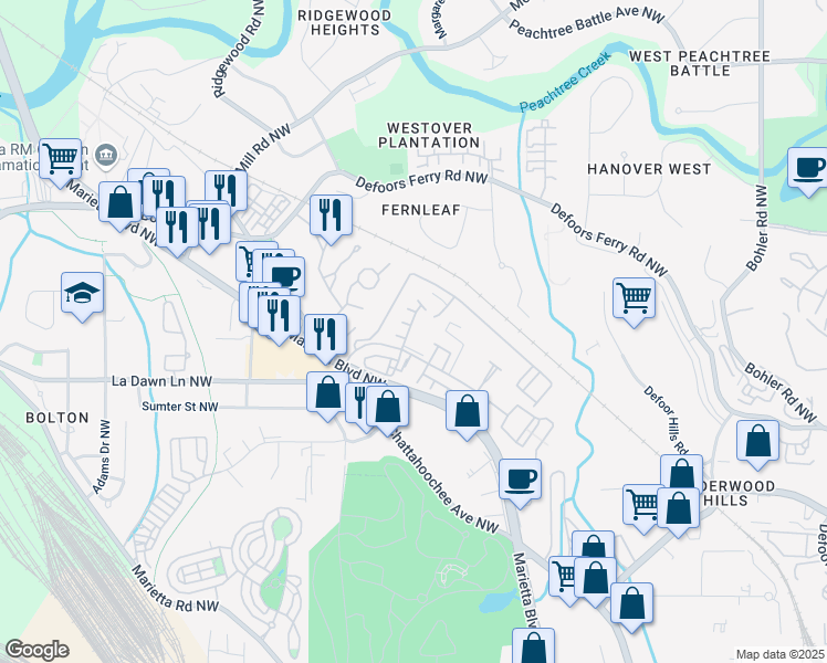 map of restaurants, bars, coffee shops, grocery stores, and more near 1017 Brandsford Street Northwest in Atlanta