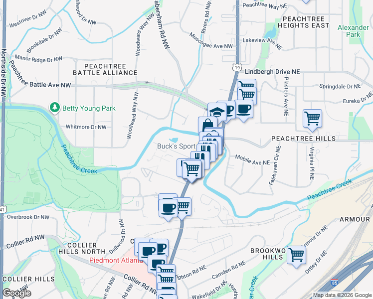 map of restaurants, bars, coffee shops, grocery stores, and more near 65 Peachtree Memorial Drive Northwest in Atlanta